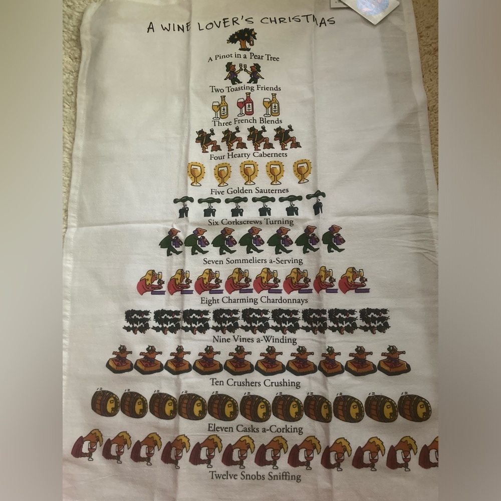 NWT Wine Lover’s 12 Days of Christmas tea Towel 18”x26” Festive Wine-Themed